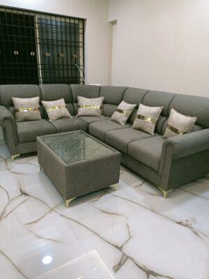 Modern L-Shaped Sectional Sofa with Glass Top Ottoman
